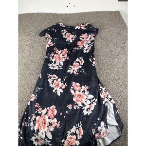 Huskary Womens Floral Maxi Dress Navy Pink Short Sleeve Side Slit Size L